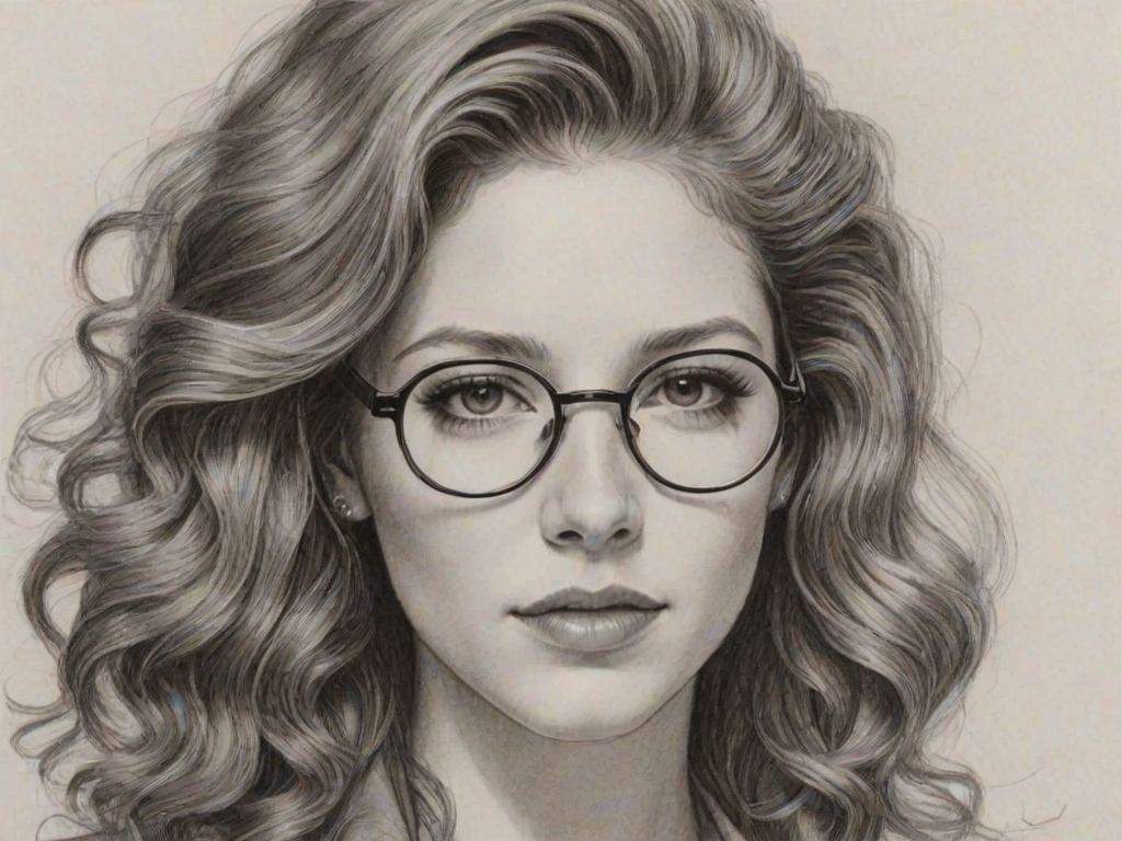 Magnificent Rachelle Lefevre, pencil sketch, portrait of Splendid woman 1937s in glasses, hair style beatnik, outline, clear lines, fine lines, 8k