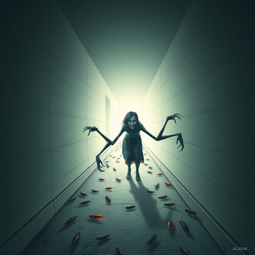 a crooked female with long arms and a creepy smile is crawling along a long white corridor and you can also see cockroaches in it there is a creepy atmosphere creepy art style