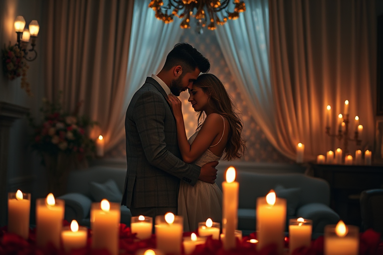 romantic scene with a couple embracing softly in a dimly lit room surrounded by candles and rose petals, shallow depth of field, lens f/1.8, ISO 400, 50mm prime lens, soft warm lighting, captured with a DSLR camera