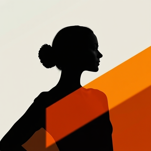 Create a high-contrast abstract silhouette of a woman in a geometric style using a color palette of black, white, orange, and beige framed in a minimalist design, captured with a Canon EOS R5 at f/8, ISO 100, 50mm lens, using a soft light to enhance shadows and highlights.