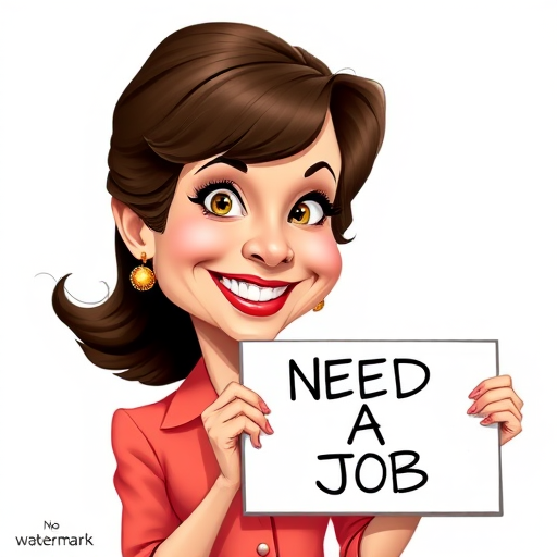 caricature of a smiling Katharine Hepburn in a Salmon dress or suit, holding up a sign that says "NEED A JOB", no watermark,