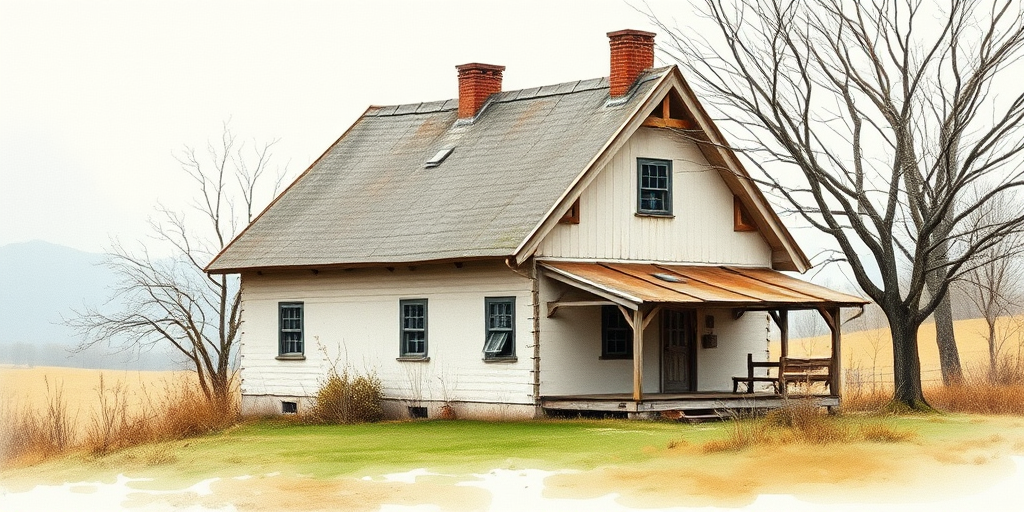 Create a watercolor painting of a rustic house with a sloped roof, surrounded by leafless trees, with a soft pastel background depicting a serene landscape, using a DSLR camera with a 50mm lens at f/8, ISO 100, and a shallow depth of field for enhanced detail and vibrancy.