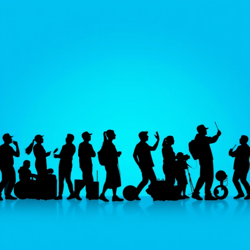 Create a high-contrast silhouette illustration of diverse people engaged in various activities on a bright blue gradient background, using a DSLR camera with a 50mm lens, aperture set to f/8, ISO 100, and a wide-angle view for enhanced depth and clarity.