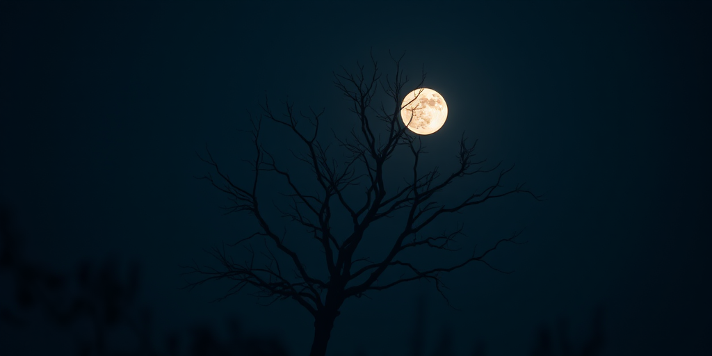 Create a high-resolution silhouette of a bare tree against a full moon in a dark blue sky, using a DSLR camera with a 50mm lens, f/1.8 aperture, ISO 100, and a long exposure of 5 seconds, capturing a mystical and serene atmosphere with a slight foreground blur.
