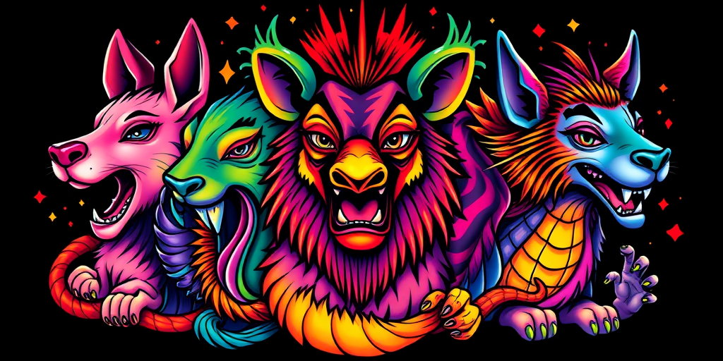 Hyper-color new school tattoo titled "Psychedelic Menagerie" featuring exaggerated cartoon-like animal characters in impossibly vibrant hues bold black outlines contain explosive color gradients and patterns creating a visually striking and playful design that pushes the boundaries of traditional tattooing