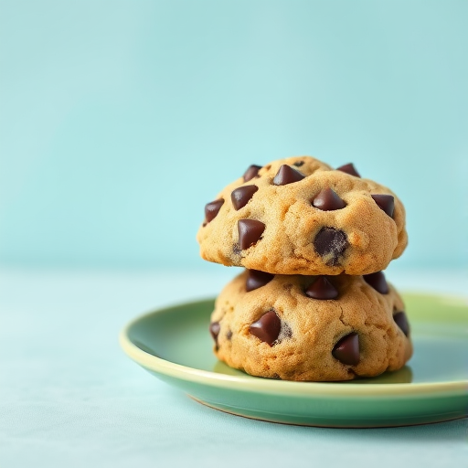 Generate a high-resolution image of two chocolate chip cookies stacked on a green plate with a soft pastel blue background, using a DSLR camera with a 50mm lens, f/1.8 aperture, ISO 100, and natural lighting for enhanced texture and detail.