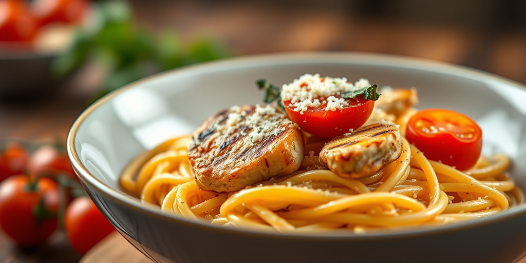 regenerate a vibrant close-up image of a bowl of spaghetti with grilled chicken, cherry tomatoes, and grated cheese, captured with a Canon EOS R5, 50mm lens, aperture f/1.8, ISO 200, natural light, shallow depth of field, focus on the pasta with a soft blurred background