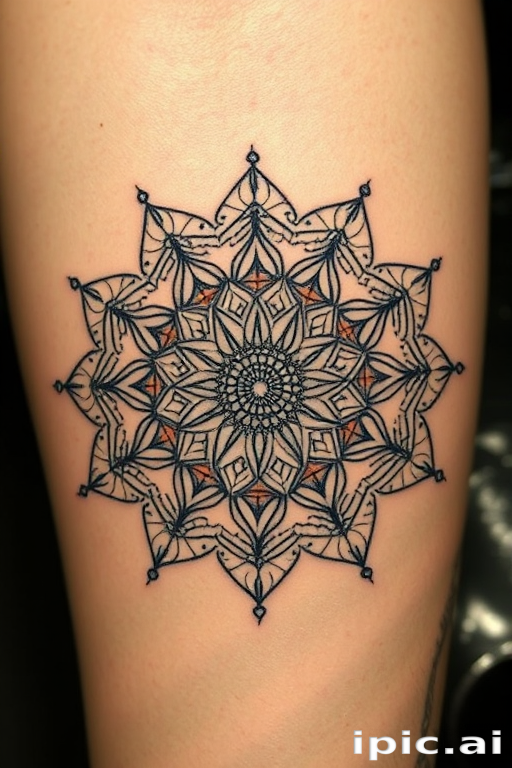 Dotwork mandala tattoo called "Cosmic Harmony" incorporating intricate patterns and sacred geometry formed entirely of tiny dots with gradual shading and symmetrical designs