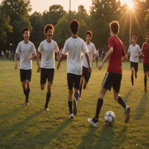 Blurry, candid shot of a group of teenagers playing soccer in a park at dusk, soft shadows stretching across the field, the sound of laughter and playful shouts filling the air, distant city lights twinkling as the sun sets.