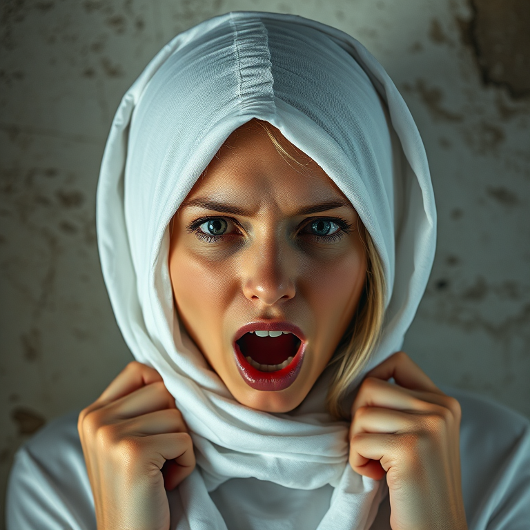 Create a close-up photographic image of a Caucasian woman with light skin tones shown against an old, worn wall. Their head is wrapped in a white cloth covering (i.e.... parts of the head except the nose and mouth, which are open as if they are screaming...), with a slight texture and visible folds in the fabric. Thin strands of blonde hair escape from the wrapping above, falling lightly at the top and sides. Their hands hold the fabric as if they are tugging nervously. The lighting is dramatic and even, casting strong shadows. The image has a minimalist and surreal style with an emphasis on simplicity with soft color tones. The composition is centered.