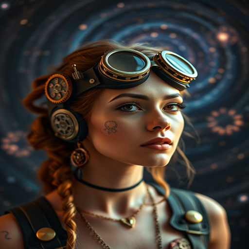 A steampunk-inspired woman with intricate gear accessories and goggles, surrounded by a cosmic background of swirling galaxies, shot with a Canon EOS R5, 50mm lens, f/1.8, ISO 100, natural lighting, focus on her expression, high dynamic range for rich colors.