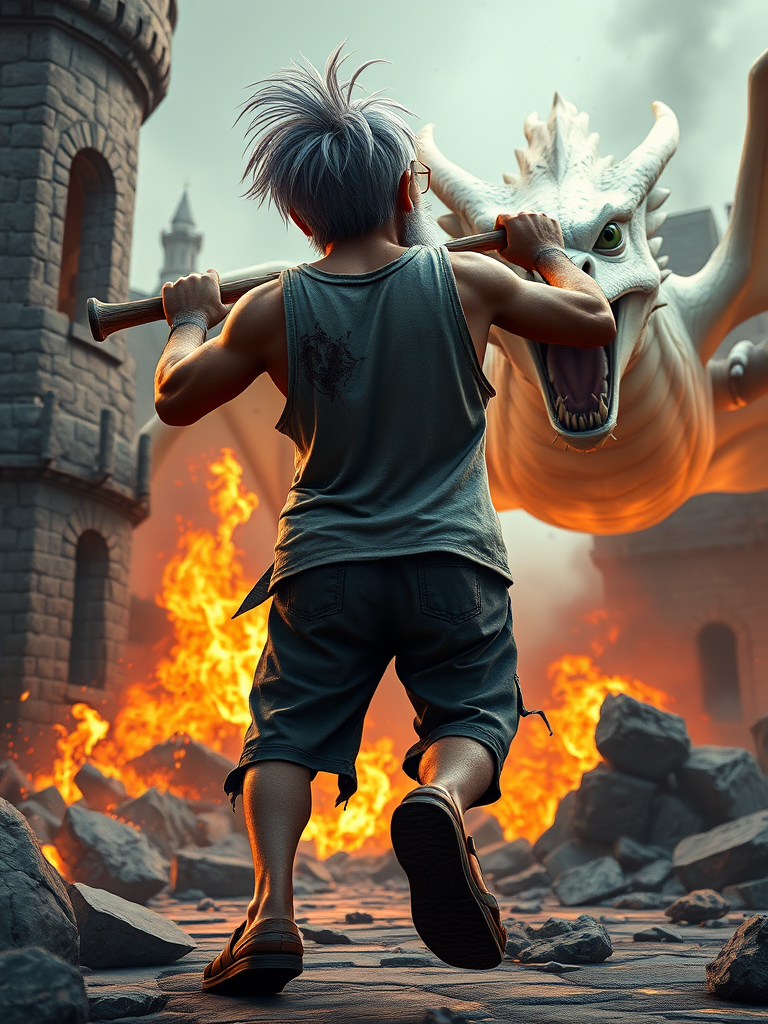 Cartoon 3D High-Resolution,dynamic battle scene using Unreal Engine 5 and Octane Render. The scene features back of an elderly, thai man with a beard,messy hair and round golden-rimmed glasses. He is wearing a tattered tank top with soot marks, shorts, and sandals. sweating. he wields a baseball bat. He jump to fight with a white fire-breathing Europe dragon amidst a partially destroyed stone castle. Include intense flames, smoke, and debris to enhance the dramatic effect.