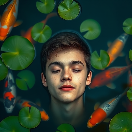 Portrait of a peaceful young man submerged in water with closed eyes, surrounded by colorful koi fish and green lily pads, shallow focus, 50mm lens, f/1.8 aperture, ISO 200, natural ambient lighting, shot from above for dramatic effect, high-resolution digital camera.