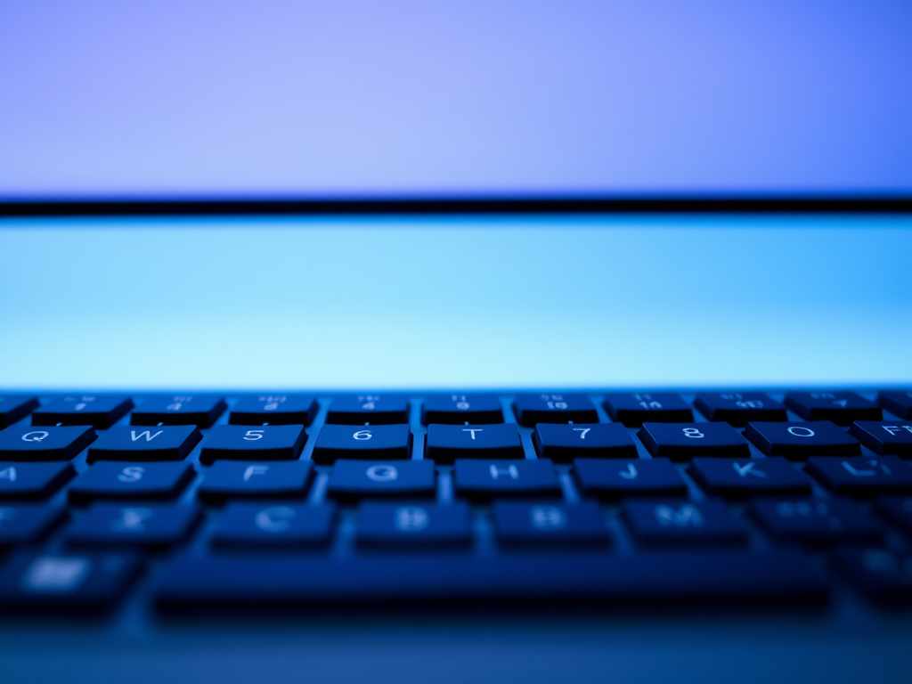 Close-up shot of a sleek, modern computer keyboard with a soft blue gradient background, using a DSLR camera, 50mm lens, aperture f/2.8, ISO 100, with a shallow depth of field and natural lighting for enhanced clarity.