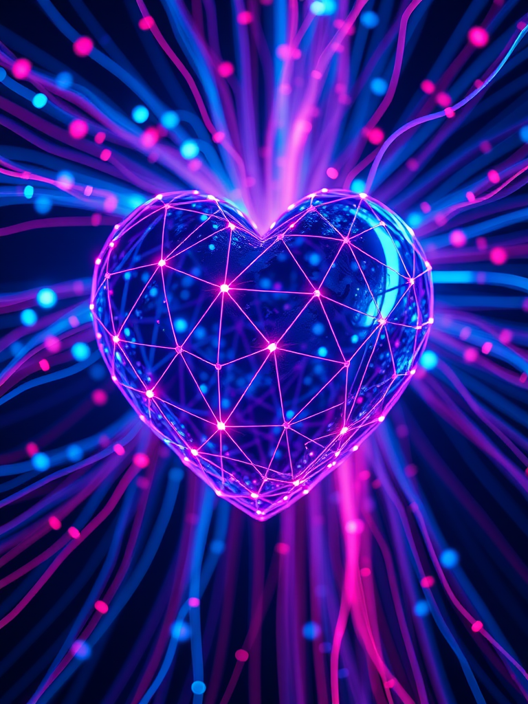 Create a vibrant digital artwork of a 3D heart-shaped globe made of interconnected lines and nodes, surrounded by a cascading array of blue and red light streaks, shot with a DSLR camera at f/1.8 aperture, ISO 100, with a wide-angle lens at 24mm for enhanced depth and clarity.