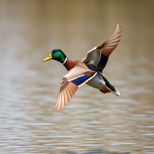 Mallard duck in flight over calm water, focus on the vibrant plumage, 1/1000 sec, f/4, ISO 200, 85mm lens, shallow depth of field, taken with a DSLR camera, natural lighting.