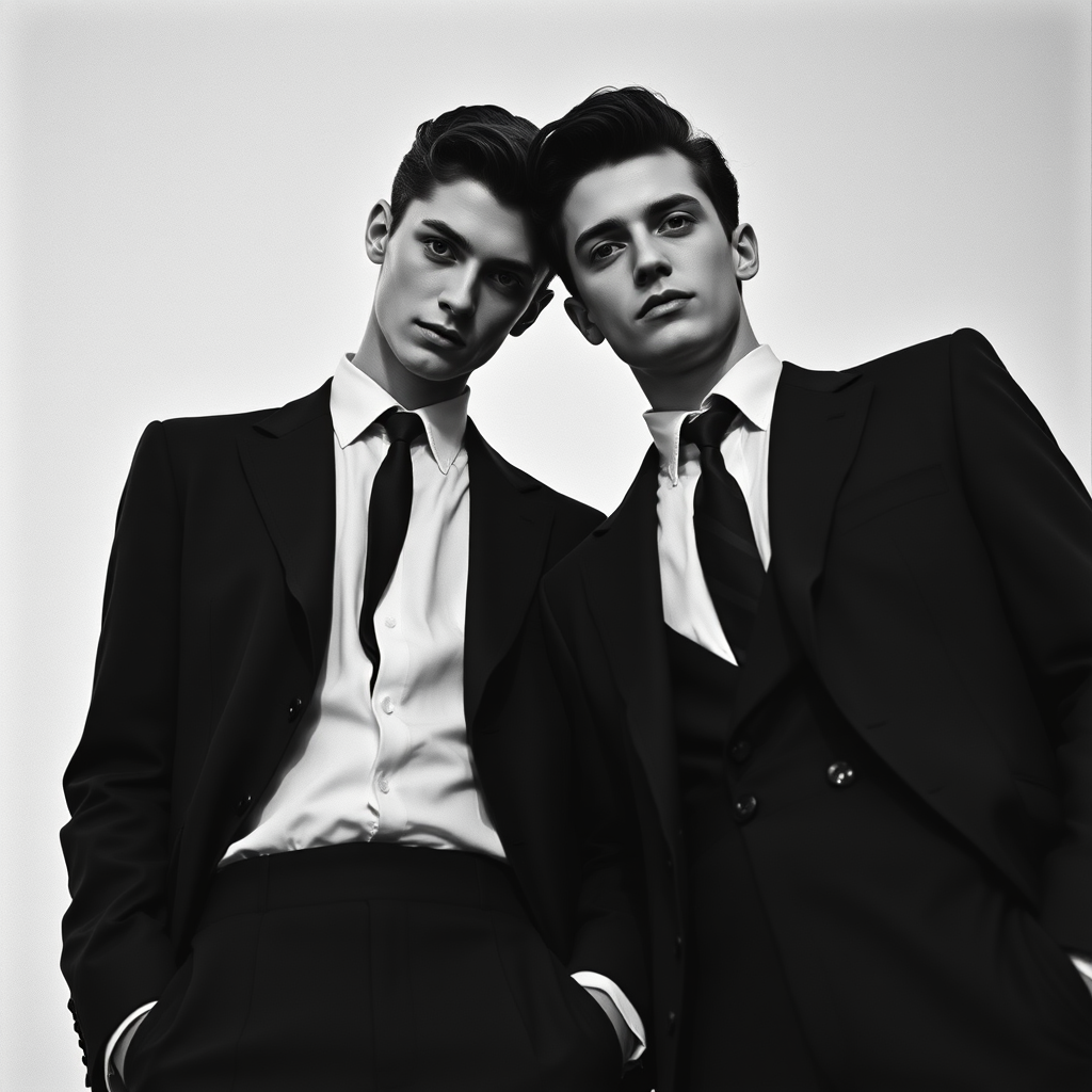 Black-and-white photograph, couple, tailored suits, retro hairstyles, film noir style, Tilt the camera for a dynamic Dutch angle using a versatile 24-70mm lens