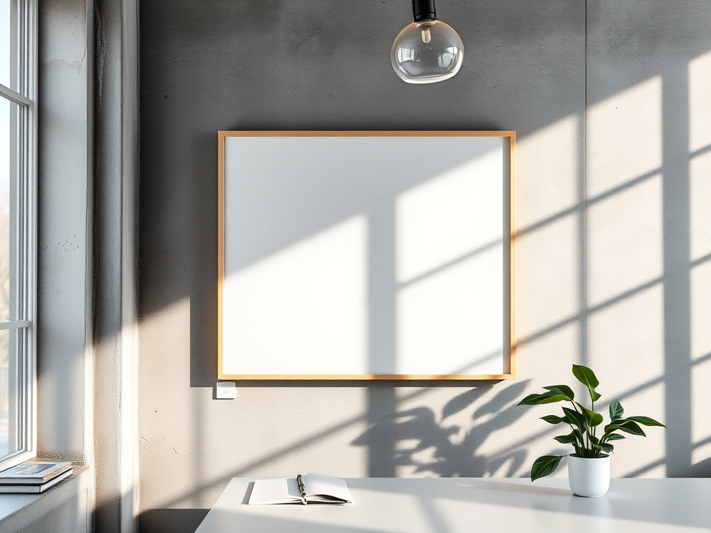Create a minimalist interior scene featuring a blank framed white canvas on a concrete wall, soft natural light casting shadows, a modern desk with a notebook and pen, and a green plant nearby, shot with a Canon EOS R5, 35mm lens, aperture f/1.8, ISO 100, and a wide-angle view.