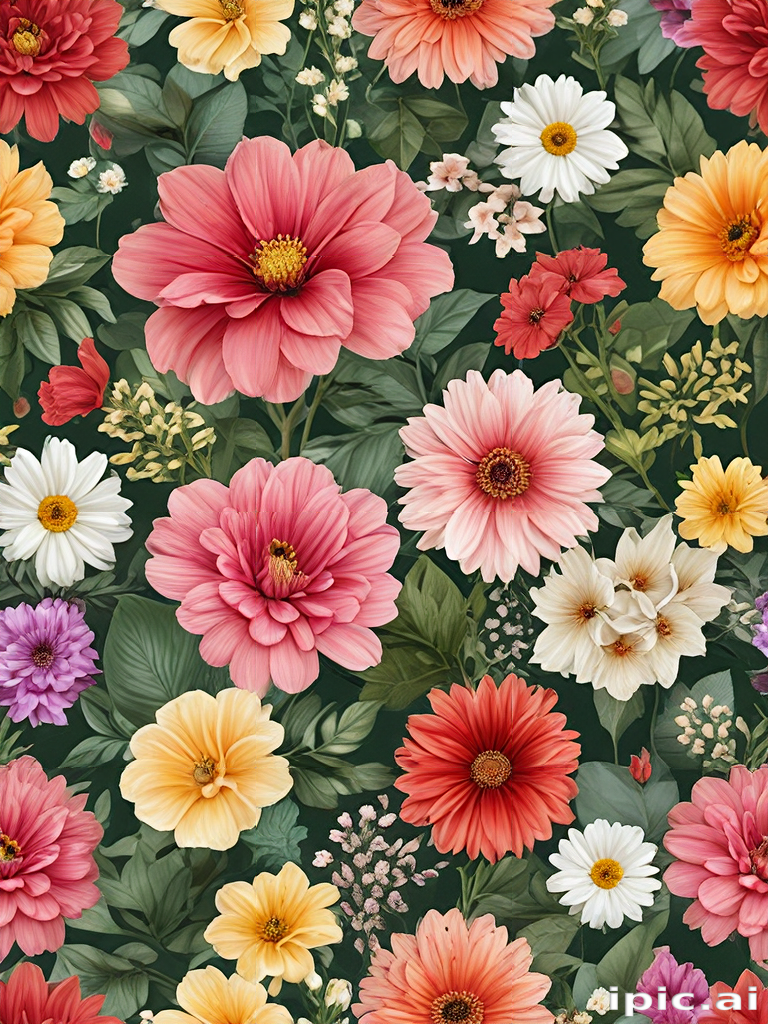 A Vibrant Floral Pattern Featuring a Variety of Colorful Blooms and Leaves.