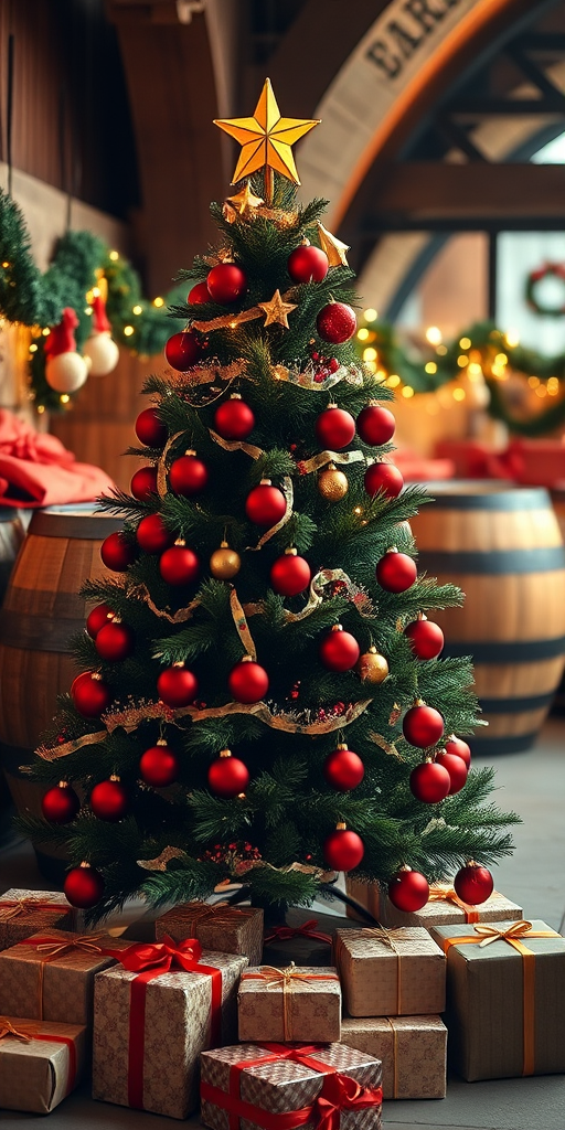Generate an image of a festive Christmas scene featuring a beautifully decorated Christmas tree with red ornaments and a star on top. The tree is surrounded by wrapped presents and placed in a cozy setting with wooden barrels lining the walls. The background is illuminated with warm lighting, creating a cheerful holiday atmosphere.