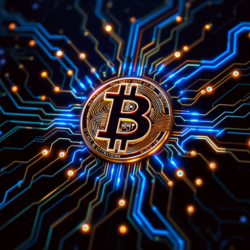 Imagine a Bitcoin symbol (₿) intricately designed as part of a futuristic, glowing circuit board. The ₿ is central, composed of metallic gold and silver lines, seamlessly blending into the web of circuits surrounding it. Blue and green LED-style lights trace through the circuits, making it look like Bitcoin is powering a digital network. The background is dark, with neon accents highlighting the tech vibe, symbolizing the digital and decentralized nature of Bitcoin