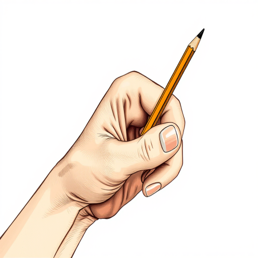 Create an illustration of a hand holding a pencil with a realistic style, 50mm lens, f/4 aperture, ISO 100, natural lighting, focus on hand details and pencil texture.