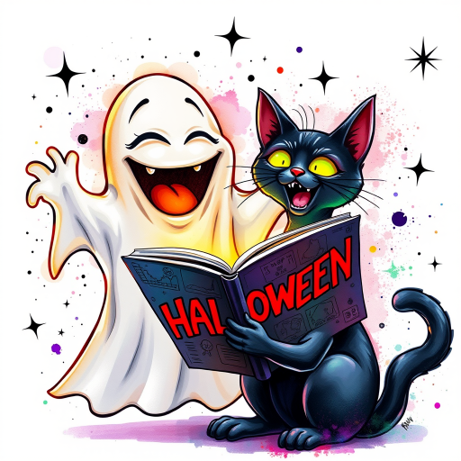 Image of a ghost and a black cat laughing exaggeratedly , and reading a comic halloween comic book, alcohol ink airbrush style, funny halloween theme, white background with neon purple, neon orange, neon green splash, black sparkles stars , dazzling BG