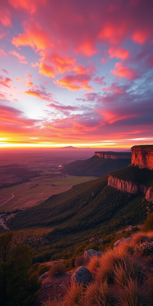 Generate a high-resolution image of a scenic landscape during sunset with vibrant colors, using a DSLR camera, lens set to 24mm, aperture at f/8, ISO 100, shutter speed 1/60 sec, capturing a panoramic view with a focus on depth and clarity.