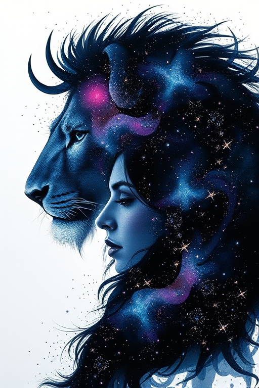 Captivating conceptual render alcohol ink art, double exposure, the paint strokes artfully merge combining a woman's full silhouette with a Elegant elk's silhouette. The figures are composed of a series of colored dots, lines & spots that evoke the image of a cosmic galaxy, colors are deep shades of blue purple & black with flashes of white & silver representing distant stars. The woman's silhouette is formed within the lion's silhouette from constellations of scattered stars, surreal