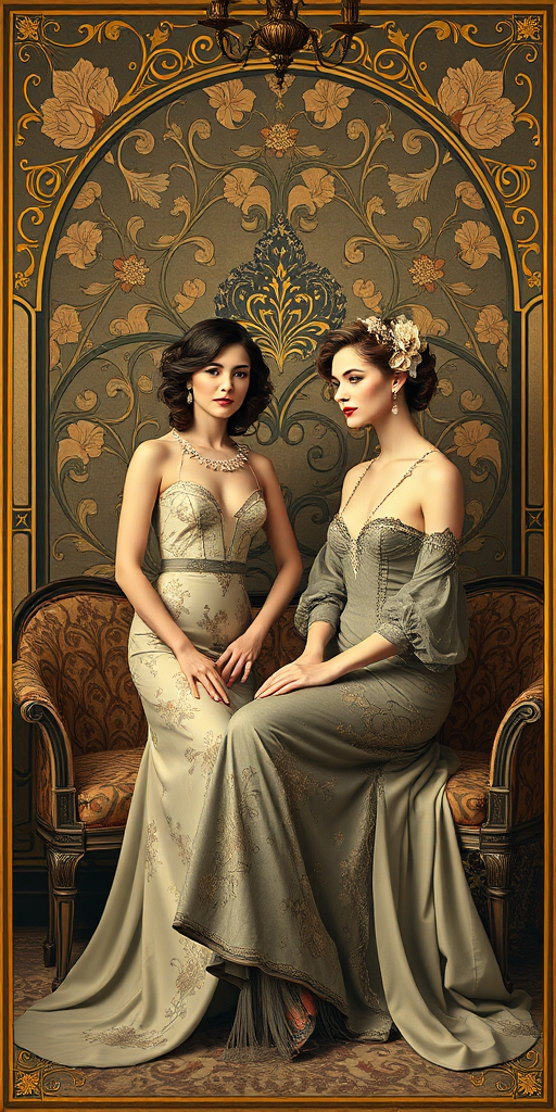Create a high-resolution vintage poster design featuring two elegant figures in a salon setting, with intricate floral patterns and Art Nouveau elements, shot with a Canon EOS R5 at f/8, ISO 100, 50mm focal length, in portrait mode, with soft diffused lighting for enhanced clarity and detail.