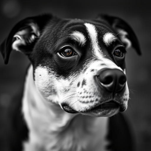 A close-up portrait of a black and white dog with a focused expression, shot with a Canon EOS R5, 50mm lens, f/1.8 aperture, ISO 100, natural light, shallow depth of field, high contrast monochrome.