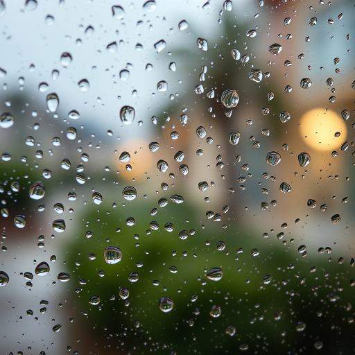 A close-up shot of raindrops on a window with a blurry soft-focus background, using a DSLR camera, aperture f/2.8, shutter speed 1/60s, ISO 200, captured from a straight-on angle for enhanced clarity and detail.