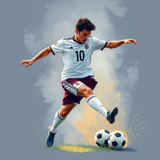 Generate an illustration of a soccer player in a dynamic kicking pose with a number 10 jersey, using a DSLR camera in aperture priority mode, f/4 aperture, 50mm lens, and soft natural lighting to enhance details and colors.