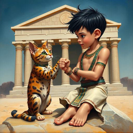 Airbrush, whimsical, glossy oil painting, hyper realism of an Ancient Egyptian boy with black messy short hair, wearing an Ancient Egyptian outfit, bare feet, sitting on a stone in front of a temple, fist bumping with his Ancient Egyptian cat, the boy and the cat looking to each other proudly.
