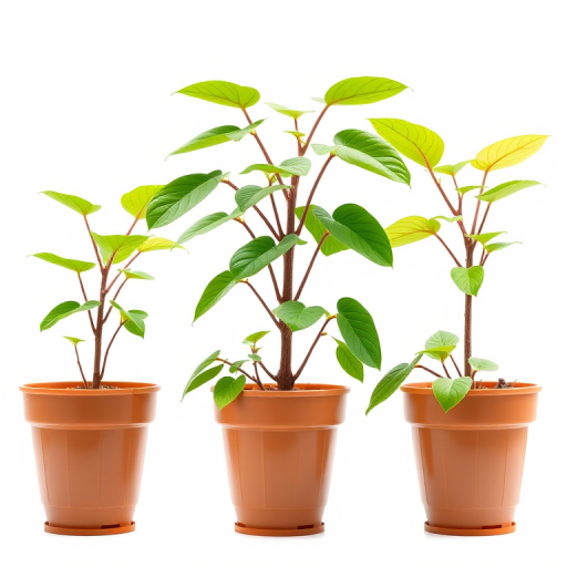 Create a high-resolution illustration of three potted plants in varying heights, with vibrant green leaves and rich brown stems, set against a bright white background, using a Canon EOS 5D Mark IV with a 50mm lens, aperture f/2.8, ISO 100, and a soft diffused light to capture details and enhance colors.