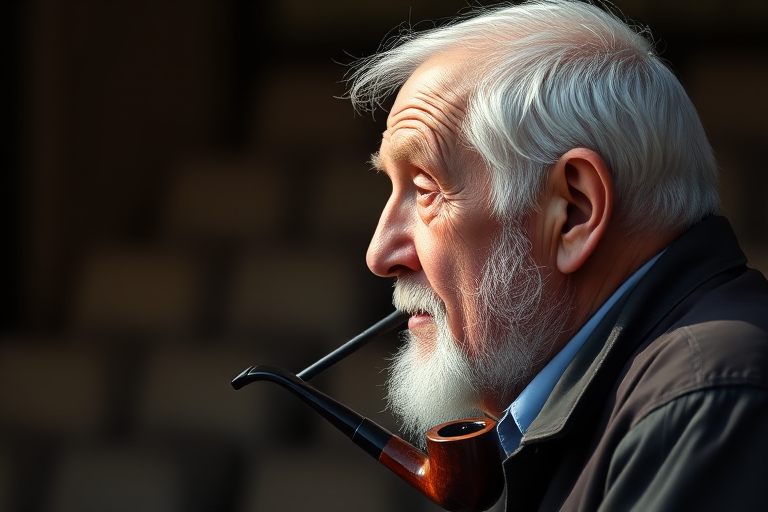Generate a low-poly style side profile portrait of an elderly man with a pipe, using a 50mm lens, f/2.8 aperture, ISO 100, shot in natural light with a DSLR camera.