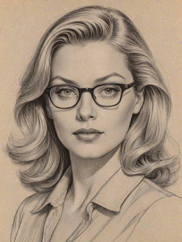 Wonderful Sheryl Lee, pencil sketch, portrait of Sublime woman 1943s in glasses, hair style beatnik, outline, clear lines, fine lines, 8k