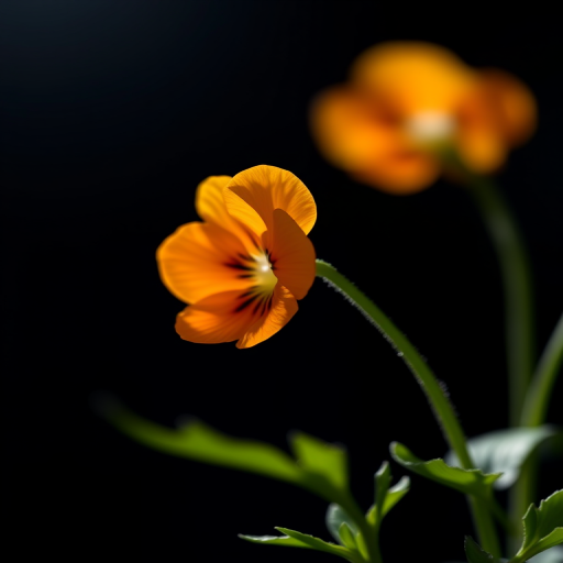 Close-up shot of a single light orange pansy flower against a dark background, f/2.8 aperture, 50mm lens, ISO 100, natural lighting, DSLR camera.