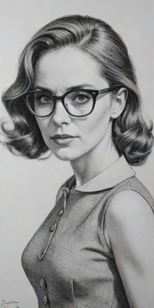 Elegant Kerry Condon, pencil sketch, portrait of Elegant woman 1963s in glasses, hair style beatnik, outline, clear lines, fine lines, 8k