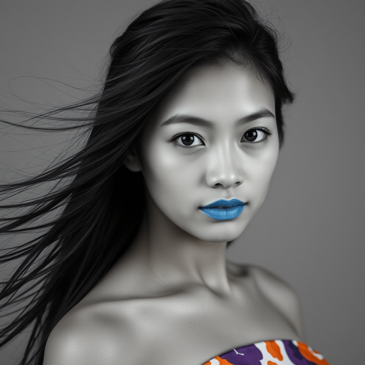 Photographic image of a beautiful young Ryukyuan woman, brown eyes, lips with cyan lipstick, long hair fluttering in the wind and wearing a silk strapless dress with a soft purple and orange print. monochrome image with only color highlights in the iris of the eyes, lipstick and dress. Gray background.