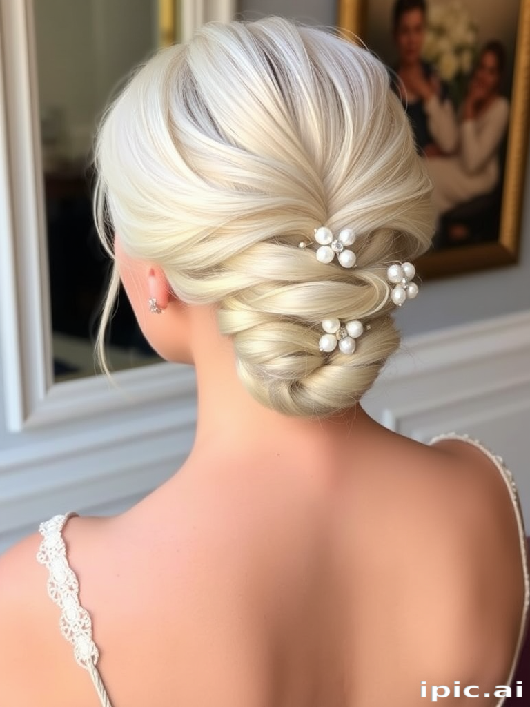 Elegant platinum blonde French twist adorned with delicate pearl pins, exuding sophistication and timeless grace, aptly named "Moonlit Serenade"