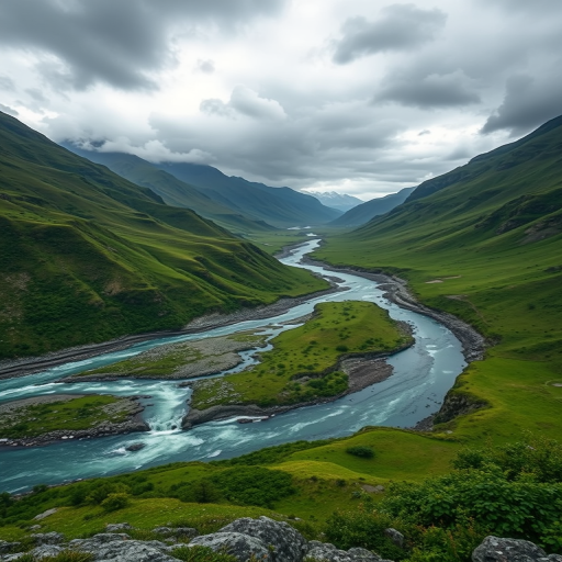 Landscape of a river winding through a lush green valley surrounded by mountains under a moody overcast sky, taken with a DSLR camera at f/8, ISO 100, shutter speed 1/200 sec, wide-angle lens, capturing the intricate details of the terrain and the flowing water.