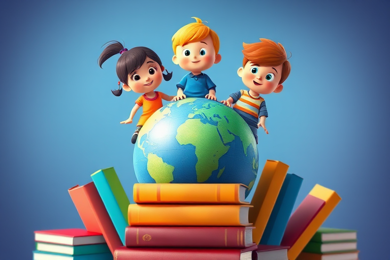 Create a digital illustration of three cartoon children standing on top of a globe surrounded by colorful books, using a vibrant color palette, with a 50mm lens, f/8 aperture, and a shallow depth of field for a more dynamic focus.