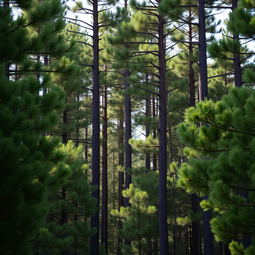 regenerate a dense forest of pine trees with lush green foliage under natural sunlight, using a DSLR camera, ISO 100, f/8 aperture, 24mm lens, with a slight angle view to capture depth and perspective