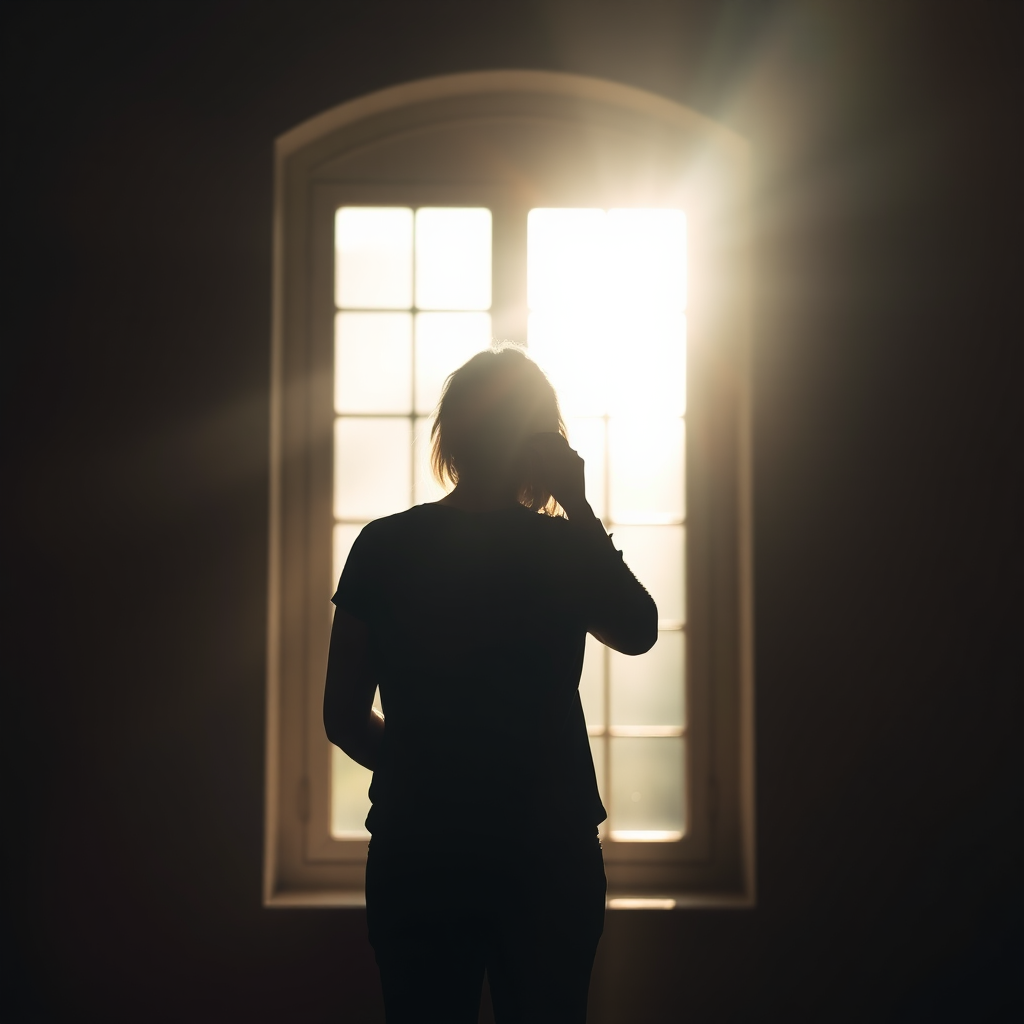 Generate a high-quality image of a silhouette of a person facing a large window with soft, natural light streaming in, using a DSLR camera with a 50mm lens, aperture set to f/1.8, ISO 100, and a shallow depth of field for a dreamy effect.