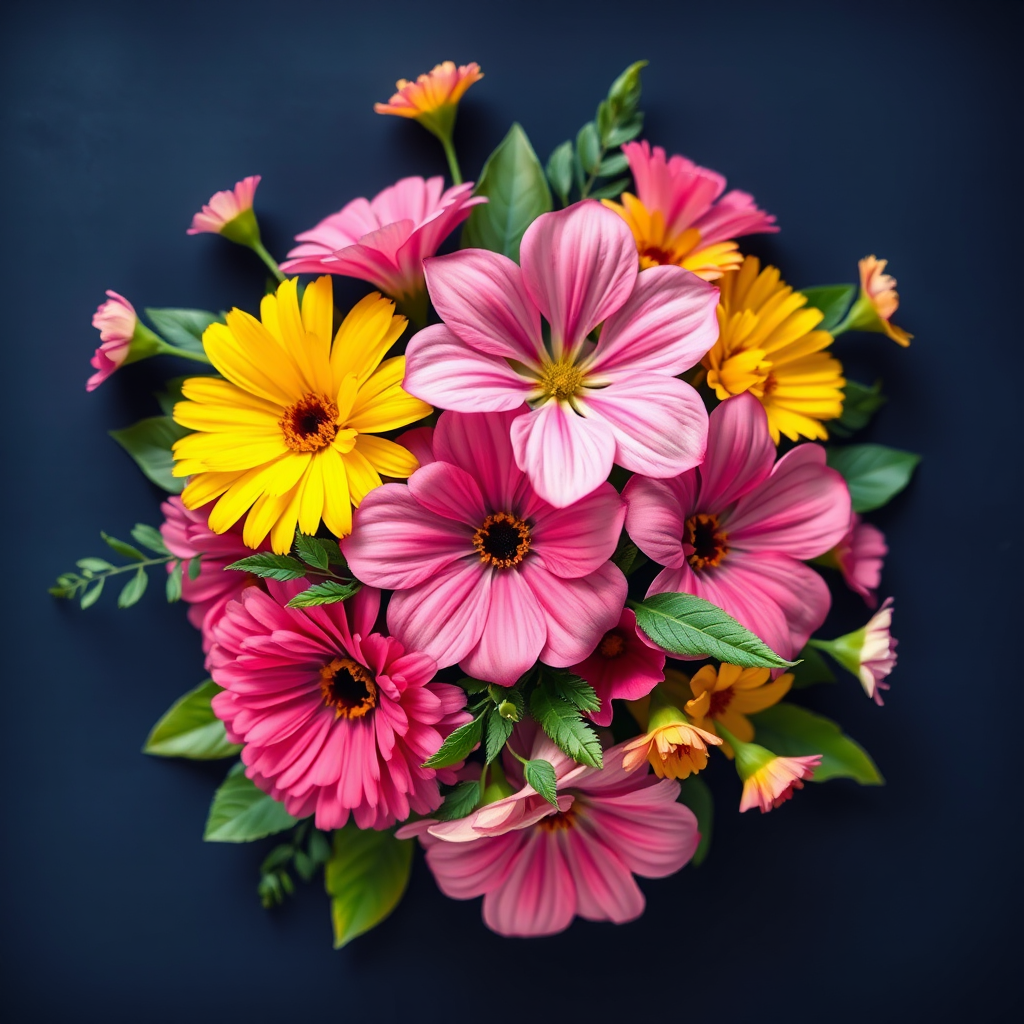 Create a vivid floral arrangement with pink and yellow flowers and green leaves on a deep navy background, using a DSLR camera with a 50mm lens, aperture set to f/2.8, ISO 100, and a soft focus style.