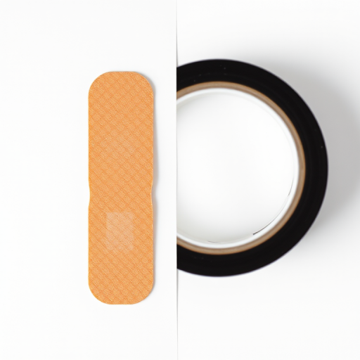 Create a high-resolution image of a band-aid and a roll of black tape side by side on a white background, using a DSLR camera with a 50mm lens, aperture set to f/1.8 for shallow depth of field, ISO 100, and a soft diffused lighting setup.