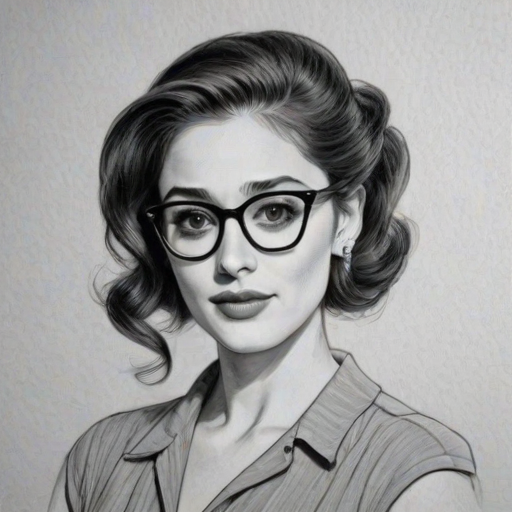 Lovely Emmy Rossum, pencil sketch, portrait of Elegant woman 1955s in glasses, hair style beatnik, outline, clear lines, fine lines, 8k