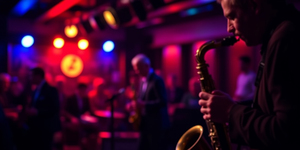 Blurry, dynamic shot of a jazz band performing in a dimly lit club, soft red and blue stage lights casting long shadows, with the saxophonist's fingers caught mid-note and the audience barely visible in the background.