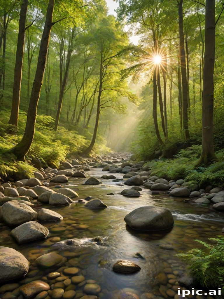 Create an image of a serene, sunlit forest scene with a clear, gently flowing river. Tall trees with lush green foliage line both sides of the river, their leaves bathed in the warm golden light of the setting or rising sun. The sunlight filters through the trees, casting soft, dappled light on the river, which flows over smooth rocks and pebbles, creating a peaceful, natural atmosphere. The sky is bright with a few scattered clouds, and the overall mood is tranquil, evoking a deep sense of connection with nature. The image captures the beauty of a calm, pristine forest landscape at either dawn or dusk.
